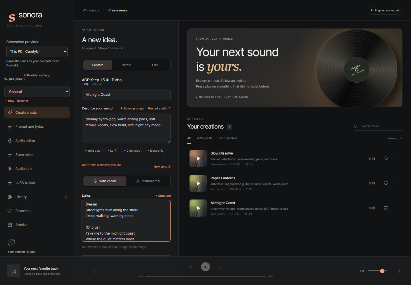 Sonora Studio interface for composing music with an AI model